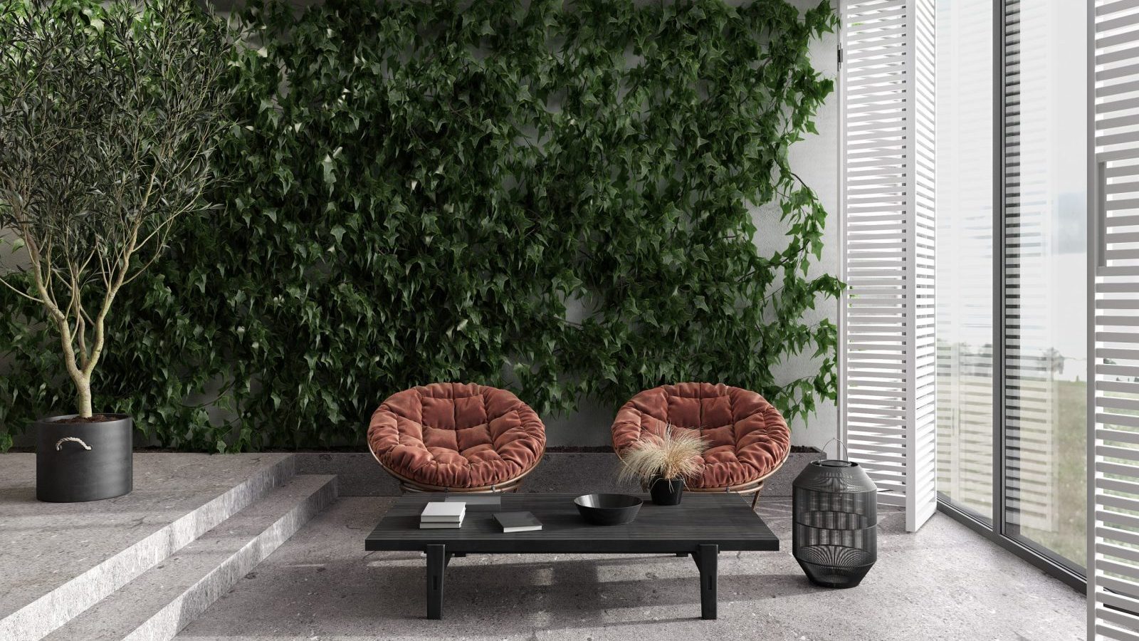 Minimalism modern interior scandinavian design. Bright studio living room and indoor terrace. Large panoramic windows, green wall and plants. Rattan furniture, stone floor. 3d render. 3d illustration.