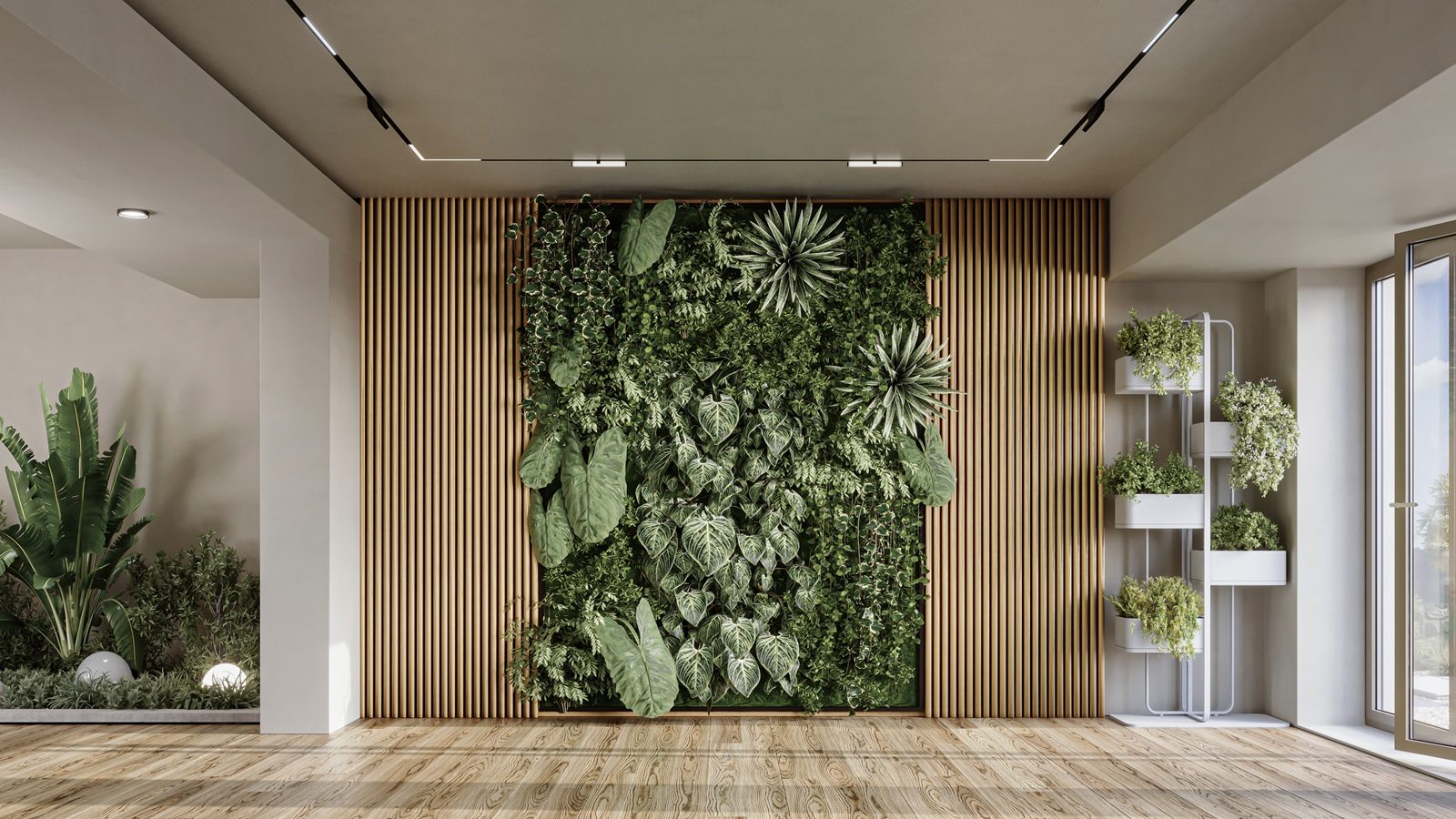 Reindeer moss wall in modern living room interior. Vertical landscaping of walls