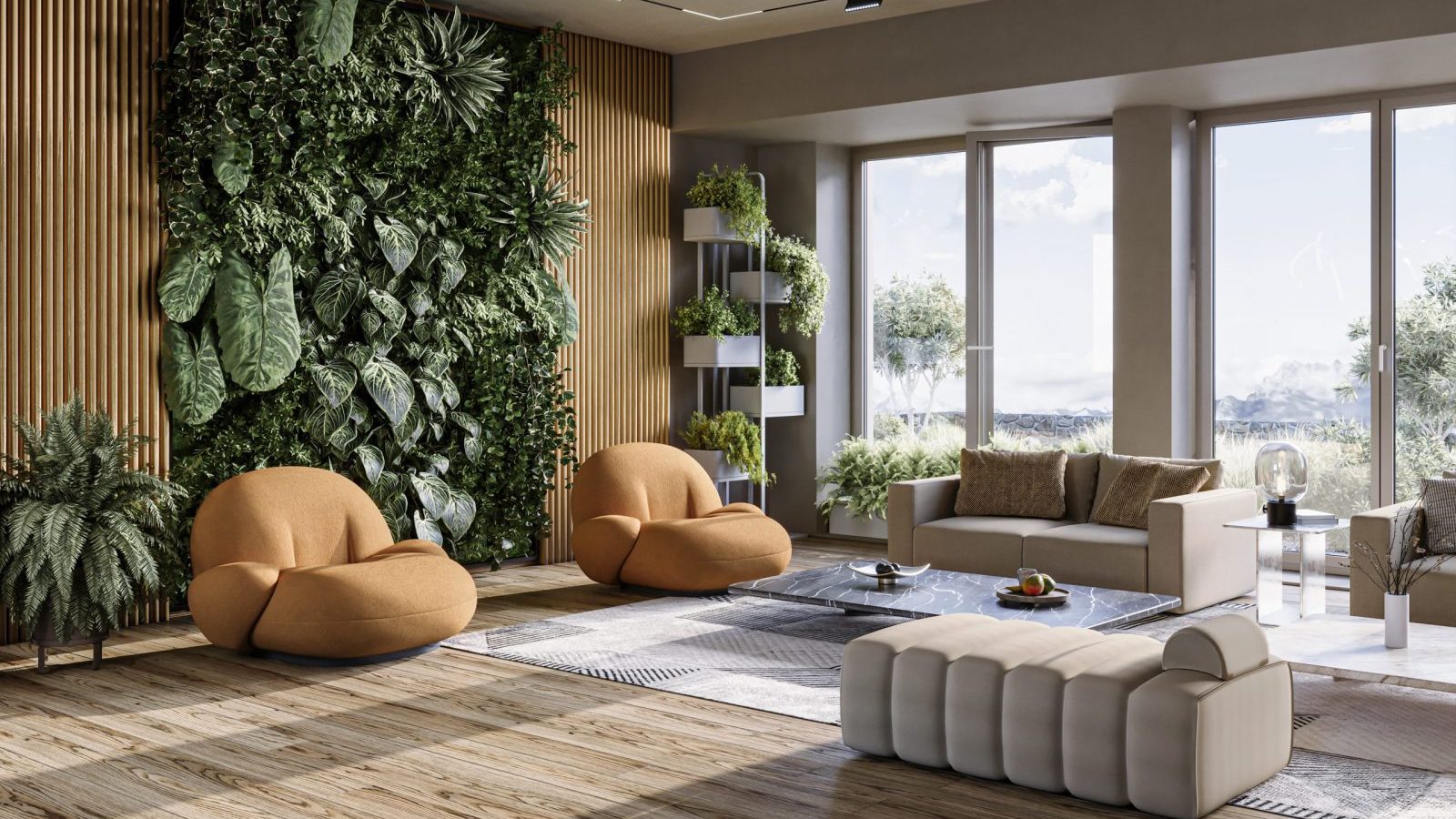 Reindeer moss wall in modern living room interior. Vertical landscaping of walls